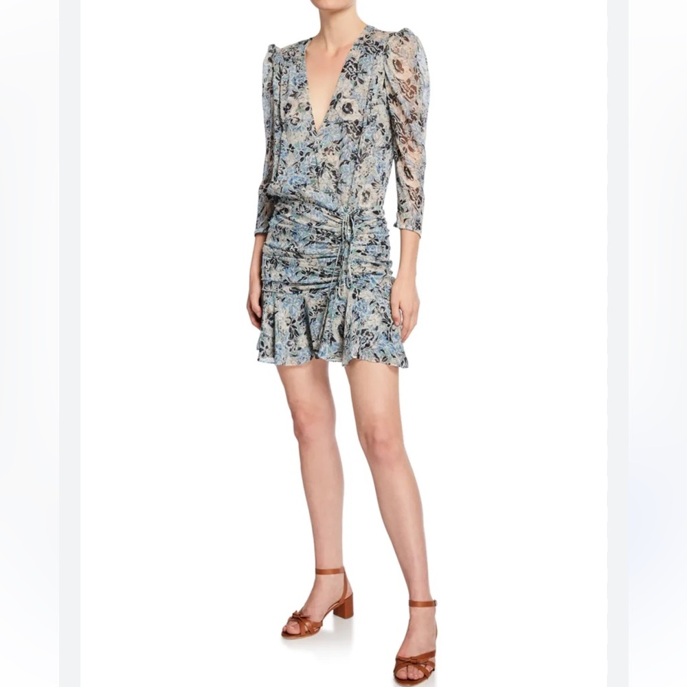 VERONICA BEARD Maggie Floral-Print 3/4-Sleeve Shirred Mini Dress Sz 6
